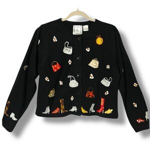 Michael Simon Lite Vintage 90s Embroidered Handbag Shoe Cardigan Sz L